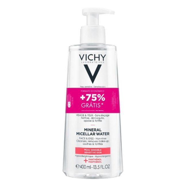 vichypuretethermalemineralwaterpsbig.jpg Bottle of Vichy Pureté Thermale Mineral Micellar Water by Vichy, a micellar water indicated for cleansing sensitive skin.