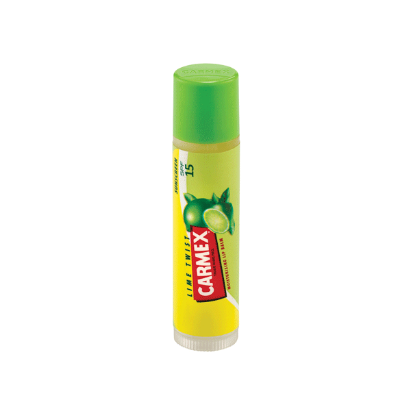 6954883_1 Product container of Carmex Stick Lime Twist Lip Balm SPF15 by Carmex, a smooth balm indicated for dry and chapped lips.