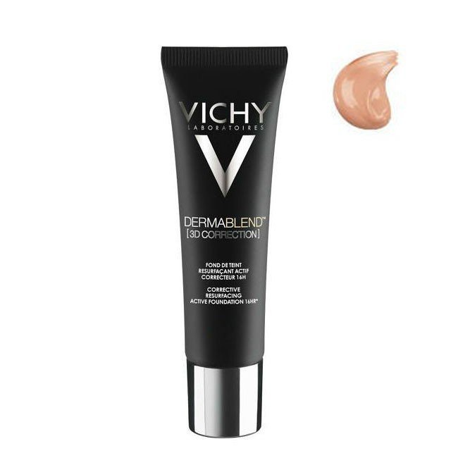 6960344 Bottle of Vichy Dermablend 3D Correction Foundation by Vichy, a fluid foundation indicated for correcting oily acne-prone skin.