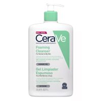 Bottle  of  Cerave  Foaming  Cleanser  by  Cerave,  a  foaming  gel  indicated  for  removing  impurities  and  excess  oil  from  normal  to  oily  skin.