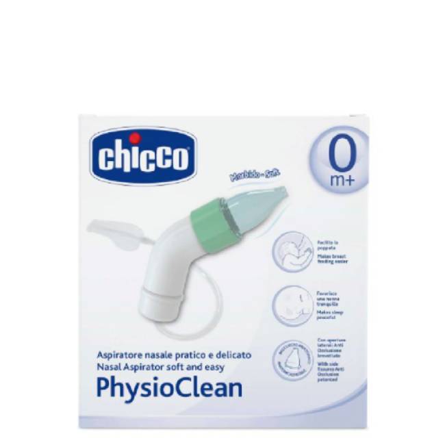 Chicco PhysioClean Nasal Product container of Chicco Physioclean Nasal Aspirator by Chicco, a nasal aspirator indicated for eliminating baby nasal secretions.
