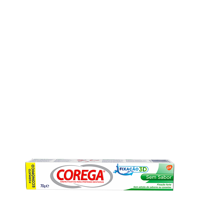 CoregaCremeFixadorSemSabor70gr Tube of Corega Cream Fixer Without Flavor by Corega, a fixative cream indicated for the strong fixation of dental prostheses.