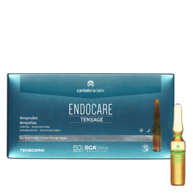 Endocare Tensage Ampoules Box of Endocare Tensage Ampoules by Endocare, a regenerating concentrate indicated for firming mature skin and reducing wrinkles.