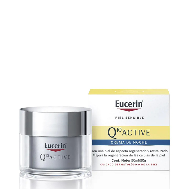 Eucerin Q10 Active Anti Wrinkle Night Cream 50ml Jar of Eucerin Q10 Active Anti Wrinkle Night Cream by Eucerin, a night cream indicated for correcting skin aging and wrinkles.