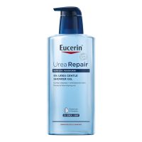 Bottle  of  Eucerin  Urea  Repair  Plus  5%  Urea  Washfluid  by  Eucerin,  a  shower  gel  indicated  for  moisturizing  dry  skin.