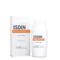 Bottle  of  FotoUltra  100  Active  Unify  Fusion  Fluid  by  ISDIN,  a  fluid  sunscreen  indicated  for  preventing  pigmentation  spots.
