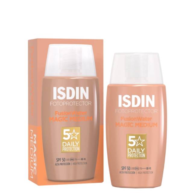 Isdin Fotoprotector Fusion Water Color Medium SPF50 Product container of Isdin Fotoprotector Fusion Water Magic Color Medium SPF50 by Isdin, a tinted sunscreen indicated for UV protection.