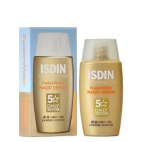 Bottle  of  Isdin  Fotoprotector  Fusion  Water  Magic  Urban  SPF30  by  Isdin,  a  solar  fluid  indicated  for  urban  pollution  protection.