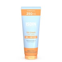 Product  container  of  Isdin  Fotoprotector  Gel  Cream  Wet  Skin  SPF50  by  Isdin,  a  gel  cream  indicated  for  high  UV  protection  on  wet  skin.