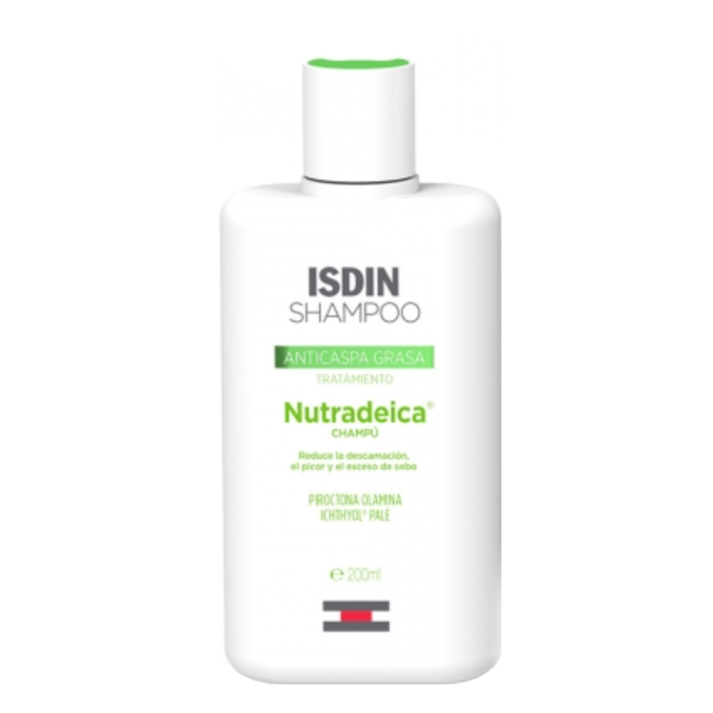 Isdin Nutradeica Shampoo AntiCaspa Oleosa Bottle of Isdin Nutradeica Oily Anti-Dandruff Shampoo by ISDIN, a shampoo indicated for oily dandruff on the scalp.