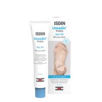 Product  container  of  ISDIN  Ureadin  Podos  Hydrating  Gel  Oil  by  ISDIN,  a  gel  oil  indicated  for  dry  and  cracked  feet.