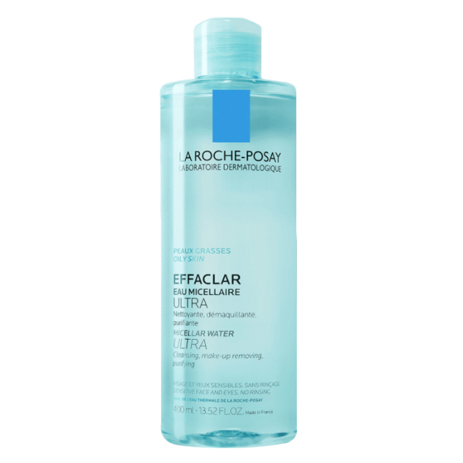 LRP Eau Micellaire Ultra Purificante Bottle of La Roche Posay Effaclar Micellar Water by La Roche Posay, a micellar solution indicated for cleansing and purifying skin.