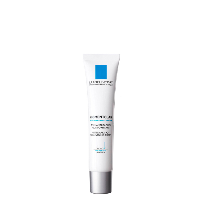 LRP PigmentClar SPF30 Tube of Pigmentclar Daily Dark-Spot Moisturizer by La Roche Posay, a face cream indicated for reducing dark spots and UV protection.