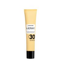 Bottle  of  Lierac  Sunissime  SPF30  The  Velvet  Sun  Fluid,  a  sunscreen  fluid  indicated  for  high  sun  protection  and  anti-aging  action.