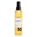 Bottle  of  Lierac  Sunissime  SPF50  The  Silky  Sun  Oil  by  Lierac,  a  solar  oil  indicated  for  high  sun  protection.