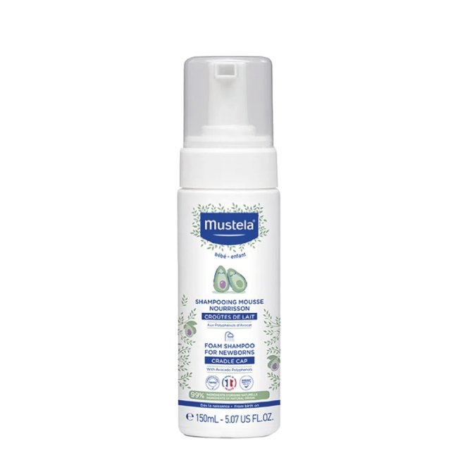 Mustela Baby Foam Shampoo for Newborns Bottle of Mustela Baby Foam Shampoo for Newborns by Mustela, a gentle shampoo indicated for treating the newborn milk crust.