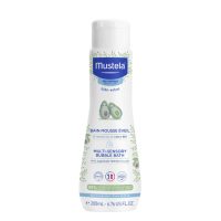 Bottle  of  Mustela  Baby  Bath  Foam  Awakening  by  Mustela,  a  cleansing  foam  indicated  for  sensitive  baby  skin.