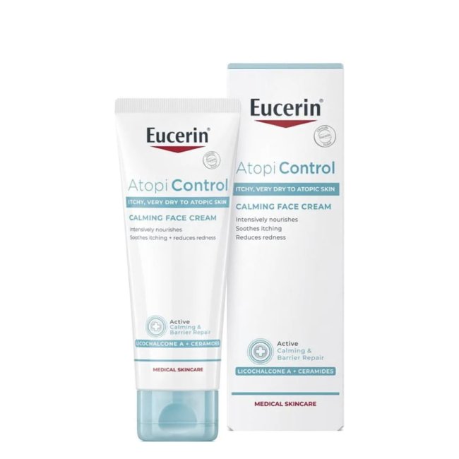 NEW Eucerin AtopiControl Face Cream Tube of Eucerin Atopicontrol Facial Cream by Eucerin, a face cream indicated for dry and eczema-prone skin.