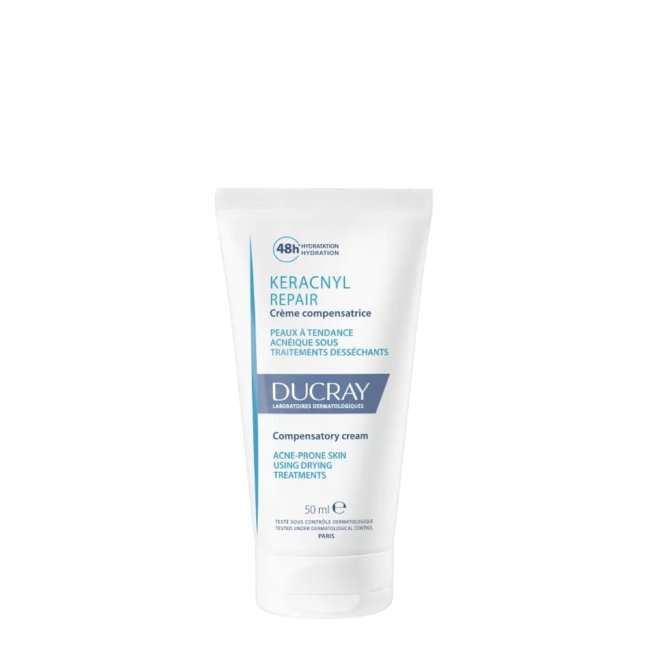 NEW ducraykeracnylcremepsacne Tube of Ducray Keracnyl Repair Cream by Ducray, a compensatory cream indicated for repairing and soothing acne skin.