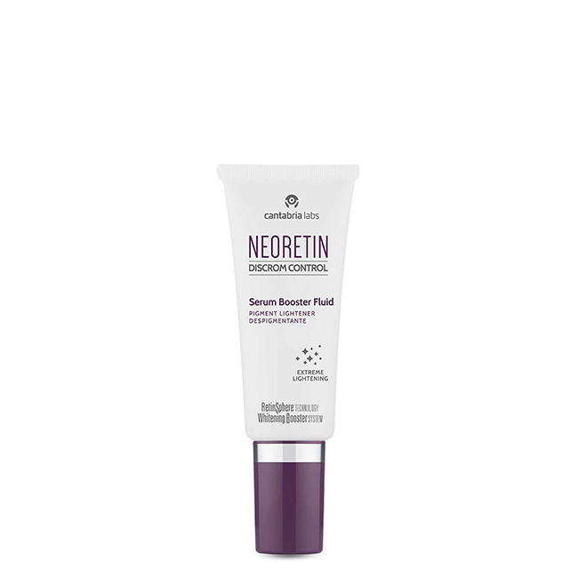 Neoretin Discrom Control Serum Depigmentation Booster Fluid 30ml Bottle of Discrom Control Serum Depigmentation Booster Fluid by Neoretin, a serum indicated for controlling skin pigmentation.