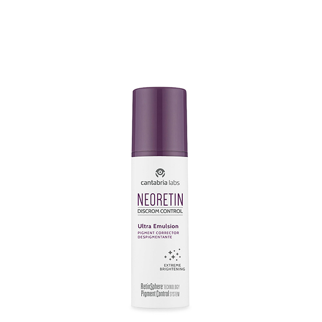 Neoretin Discrom Control Ultra Depigmenting Emulsion 30ml Product container of Neoretin Discrom Control Ultra Depigmenting Emulsion, a fluid emulsion indicated for correcting skin spots.