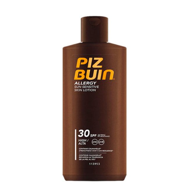 PIZ BUIN ALLERGY LOTION SPF30 Bottle of Piz Buin Allergy SPF30 Lotion by Piz Buin, a sun lotion indicated for protecting sensitive skin from UV rays.