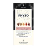 Box  of  Phytocolor  Permanent  Hair  Color  1  Black  by  Phytocolor,  a  hair  dye  indicated  for  covering  white  hair  and  coloring.