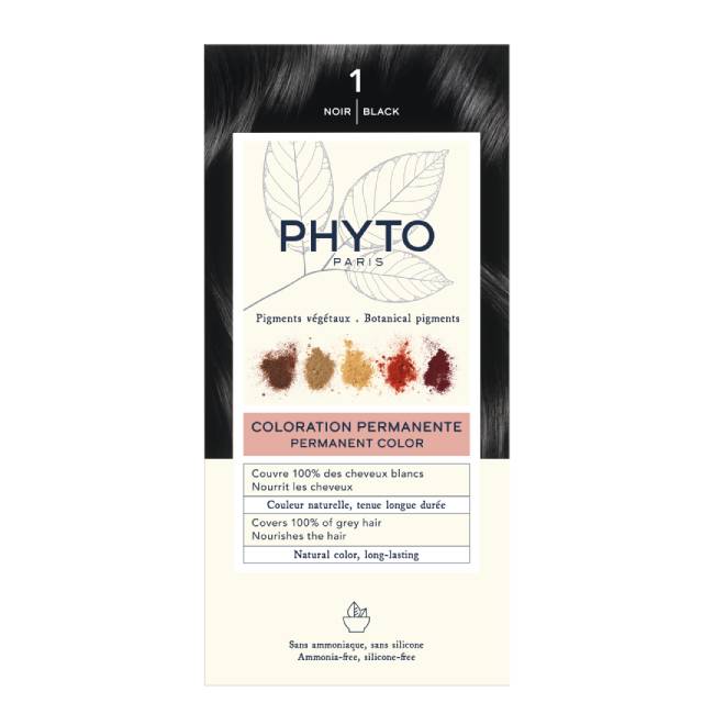 Phyto-Coloration_Pack_1 Box of Phytocolor Permanent Hair Color 1 Black by Phytocolor, a hair dye indicated for covering white hair and coloring.