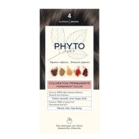 Box  of  Phytocolor  Permanent  Hair  Color  4  Brown  by  Phytocolor,  a  hair  dye  indicated  for  covering  white  hair  and  coloring.