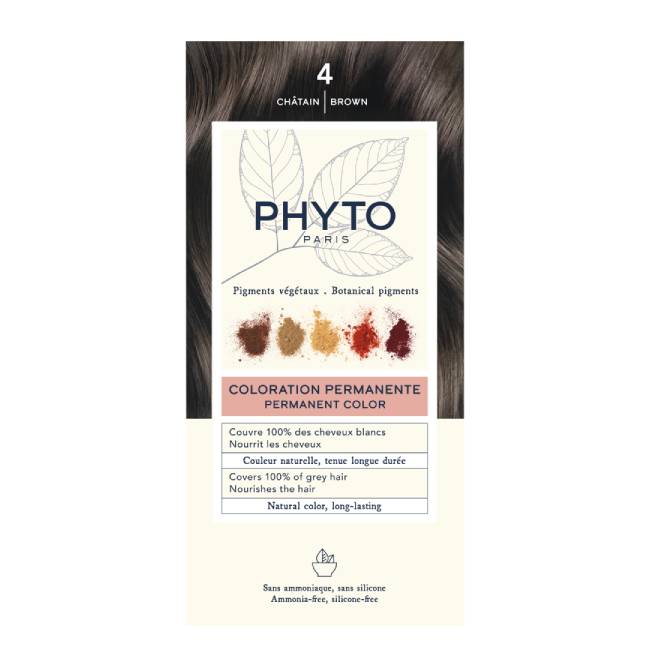 Phyto-Coloration_Pack_4 Box of Phytocolor Permanent Hair Color 4 Brown by Phytocolor, a hair dye indicated for covering white hair and coloring.