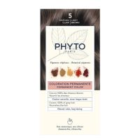 Box  of  Phytocolor  Permanent  Hair  Color  5  Light  Brown  by  Phytocolor,  a  hair  dye  indicated  for  covering  white  hair  and  coloring.