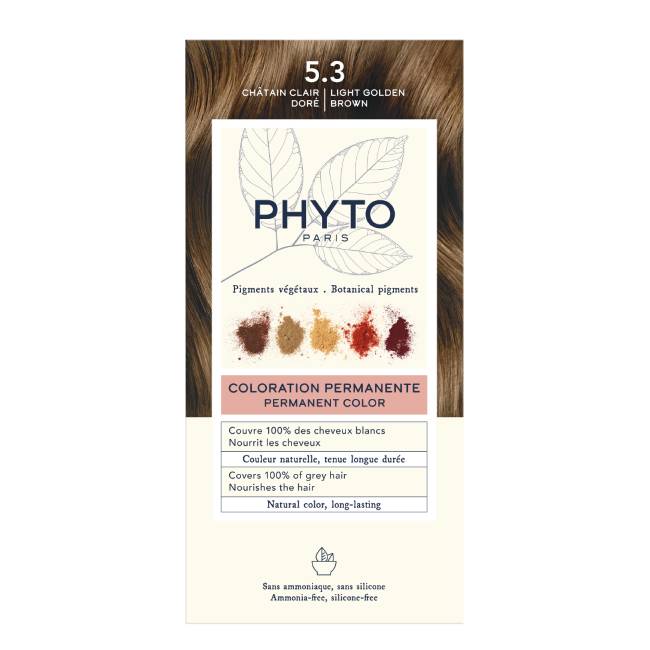 Phyto-Coloration_Pack_5.3 Box of Phytocolor Permanent Hair Color 5.3 Light Golden Brown by Phytocolor, a hair dye indicated for covering white hair.