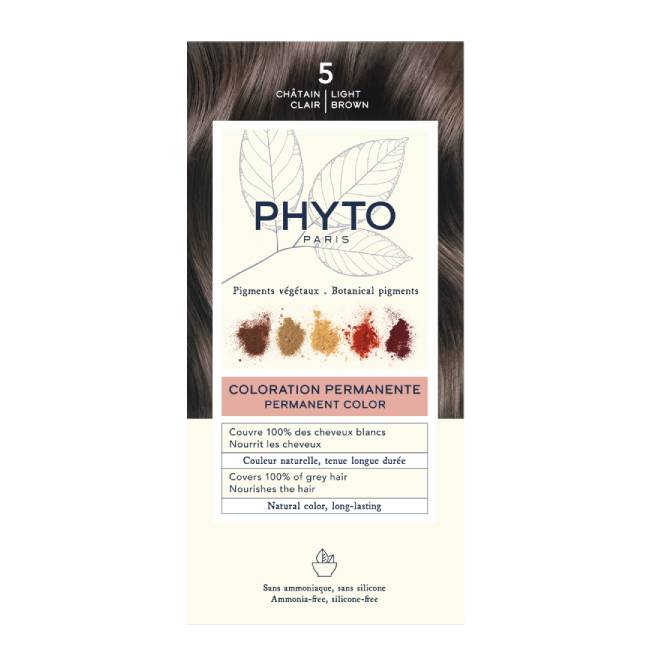 Phyto-Coloration_Pack_5 Box of Phytocolor Permanent Hair Color 5 Light Brown by Phytocolor, a hair dye indicated for covering white hair and coloring.