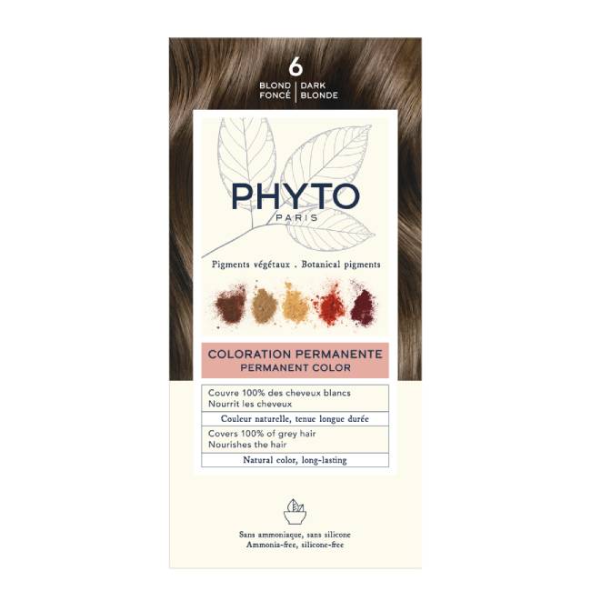 Phyto-Coloration_Pack_6 Box of Phytocolor Permanent Hair Color 6 Dark Blonde by Phytocolor, a hair dye indicated for covering white hair and coloring.