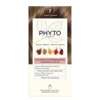 Box  of  Phytocolor  Permanent  Hair  Color  7  Blonde  by  Phytocolor,  a  hair  dye  indicated  for  covering  white  hair  and  coloring.