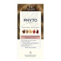 Box  of  Phytocolor  Permanent  Hair  Color  7.3  Golden  Blonde  by  Phytocolor,  a  hair  dye  indicated  for  covering  white  hair  and  coloring.