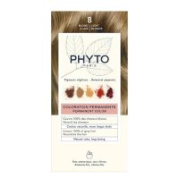 Box  of  Phytocolor  Permanent  Hair  Color  8  Light  Blonde  by  Phytocolor,  a  hair  dye  indicated  for  covering  white  hair  and  coloring.