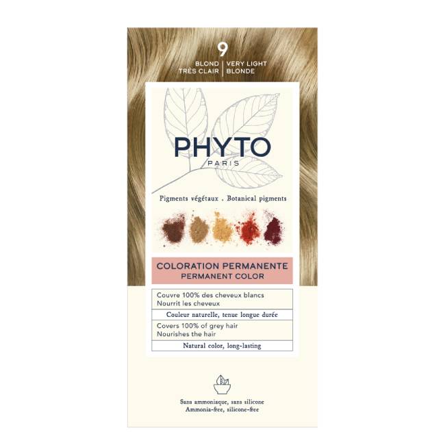 Phyto-Coloration_Pack_9 Box of Phytocolor Permanent Hair Color 9 Very Light Blonde by Phytocolor, a hair dye indicated for covering white hair.