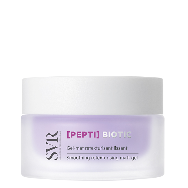 SVR Pepti Biotic Gel Matificante Regenerador 50ml Product container of SVR Pepti Biotic Smoothing Retexturizing Matte Gel by SVR, a matte gel indicated for skin irregularities.