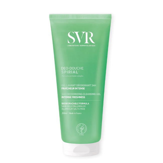 SVR Spirial Deo Douche Bottle of SVR Spirial Deo-Douche Deodorizing Cleansing Gel by SVR, a cleansing gel indicated for fighting body odors and sweating.