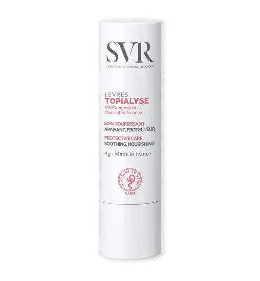 SVR Topialyse Batom 4 gr Product container of SVR Topialyse Repairing Nourishing Care Lip Stick by SVR, a plant-based stick indicated for dry lips.
