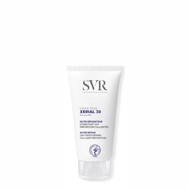 SVR Xerial 30 Cream Tube of SVR Xerial 30 Dry Feet Cream by SVR, a nourishing cream indicated for preventing roughness, cracks and calluses on feet.