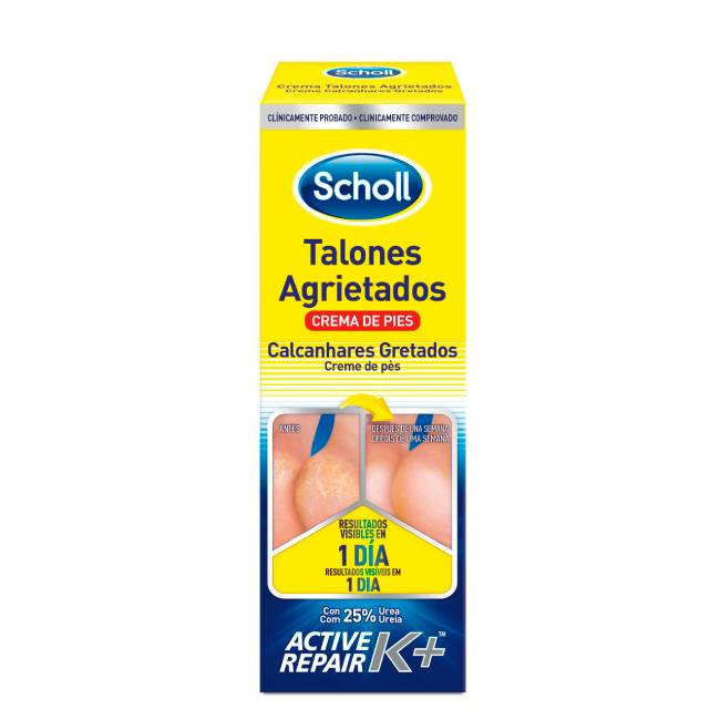 Scholl Cracked Heels Tube of Cracked Heels Cream by Scholl, a repairing cream indicated for regenerating dry, rough and chapped skin on the heels.