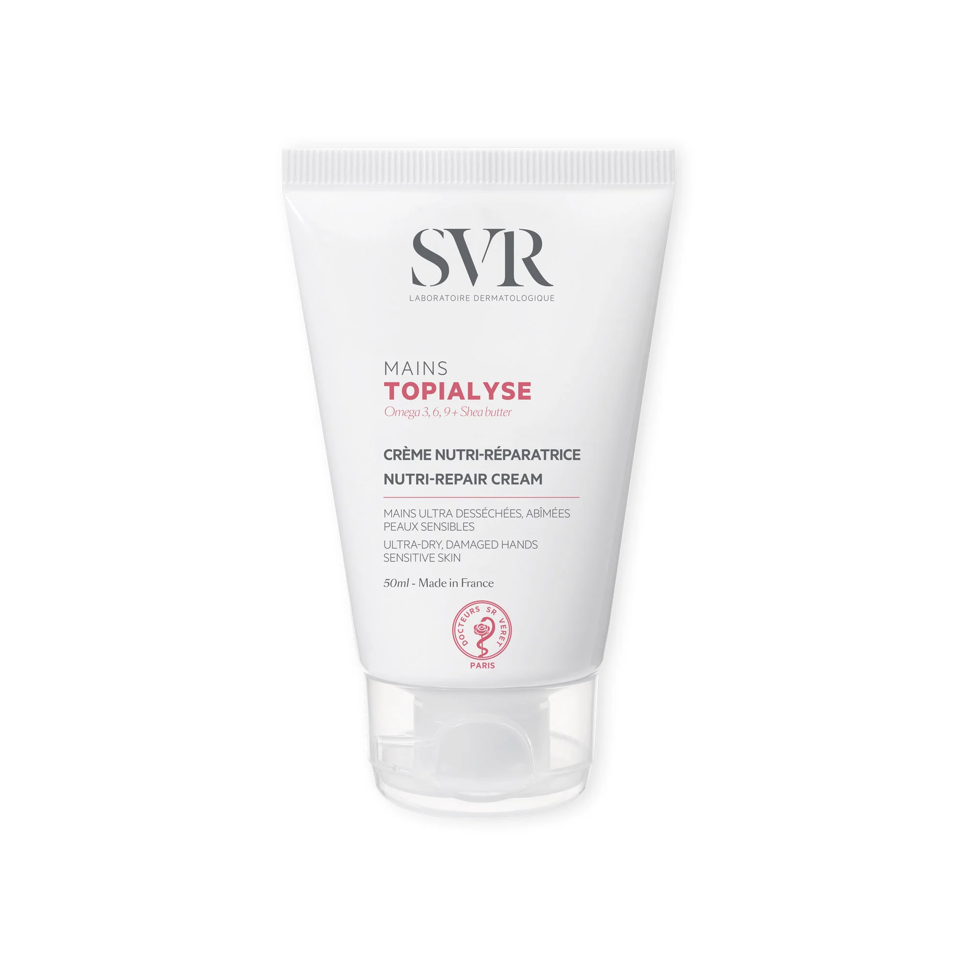 Topialysemains Tube of SVR Topialyse Nutri-Repair Hand Cream by SVR, a nourishing cream indicated for repairing very dry and damaged hands.