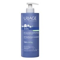 Bottle  of  Uriage  Baby  1st  Oleothermal  Liniment  by  Uriage,  a  thermal  oil  indicated  for  cleansing  and  protecting  the  baby  diaper  area.