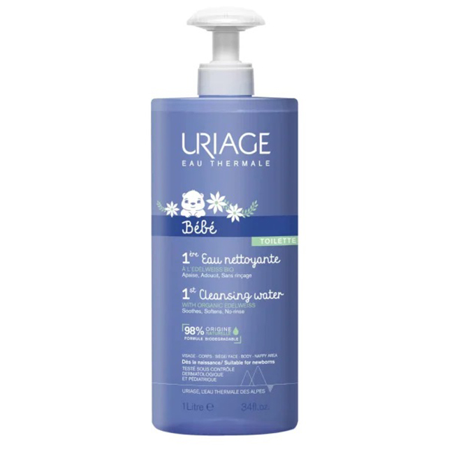 Uriage Baby Cleansing Water 1ere Eau 1000ml Bottle of Uriage Baby 1st Cleansing Water by Uriage, a cleansing water indicated for baby face, body and bottom hygiene.
