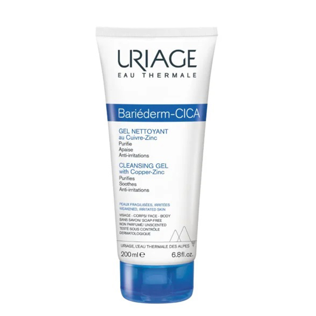 Uriage Bariéderm Cleansing Cica-Gel 200ml Bottle of Uriage Bariéderm-Cica Cleansing Gel by Uriage, a cleansing gel indicated for calming and purifying sensitive skin.