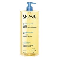 Bottle  of  Uriage  Cleansing  Oil  by  Uriage,  a  gelled  oil  indicated  for  gentle  cleansing  and  reinforcing  skin  hydration.
