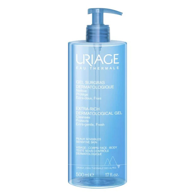 Uriage Extra-Rich Dermatological Gel 500ml Bottle of Uriage Extra-Rich Dermatological Gel by Uriage, a cleansing gel indicated for moisturizing and calming skin.