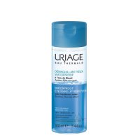 Bottle  of  Uriage  Waterproof  Eye  Make-Up  Remover  by  Uriage,  a  two-phase  solution  indicated  for  removing  waterproof  eye  makeup.